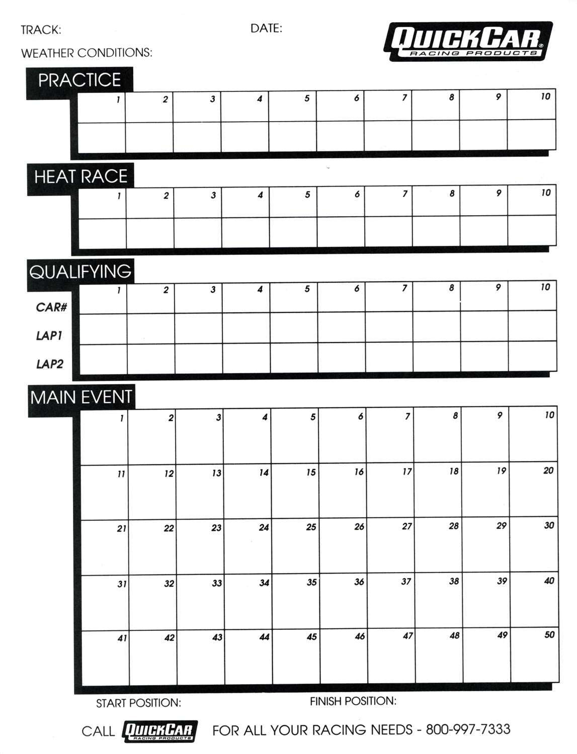 Quickcar Racing Products Time Organizer Sheets 50 Lap QRP51-230