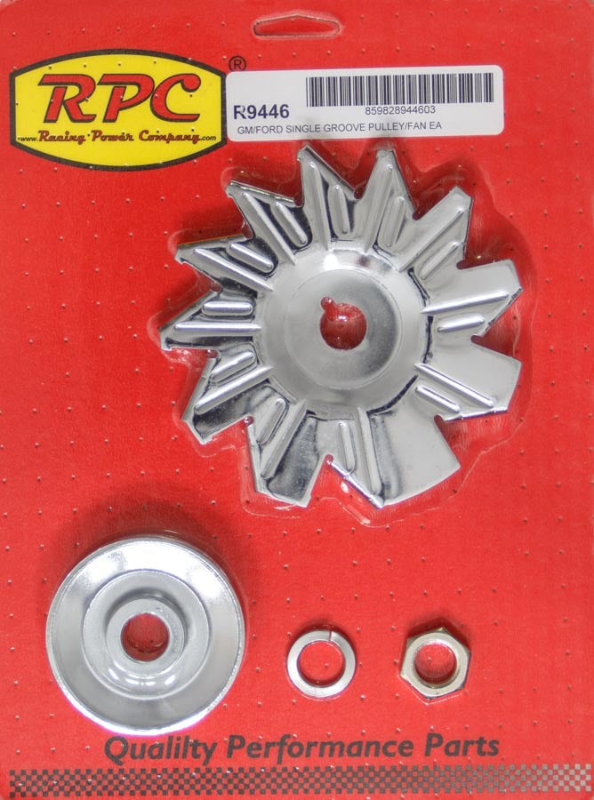 Racing Power Co-Packaged SIngle Groove Alternator Pulley And Fan Chrome RPCR9446