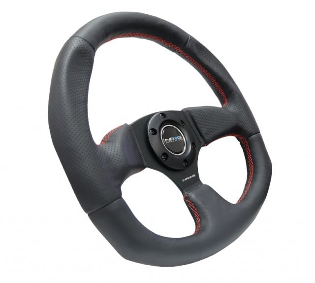 NRG Flat Bottom Style Reinforced Leather Steering Wheel RED stitch 320mm