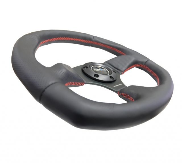 NRG Flat Bottom Style Reinforced Leather Steering Wheel RED stitch 320mm