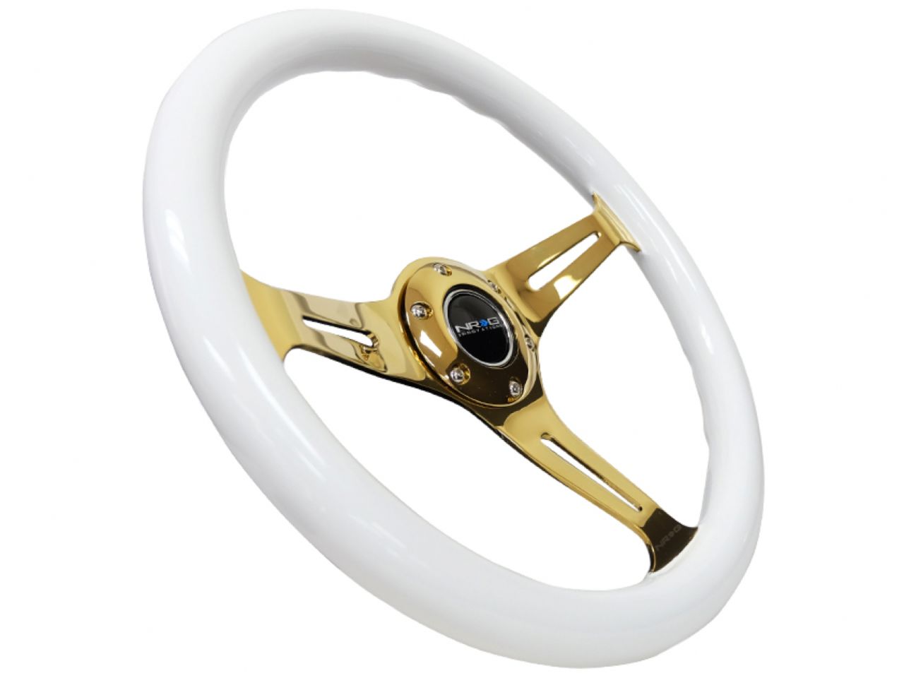 NRG Classic Wood Grain Wheel - 350mm 3 Chrome Gold Spokes - White Grip