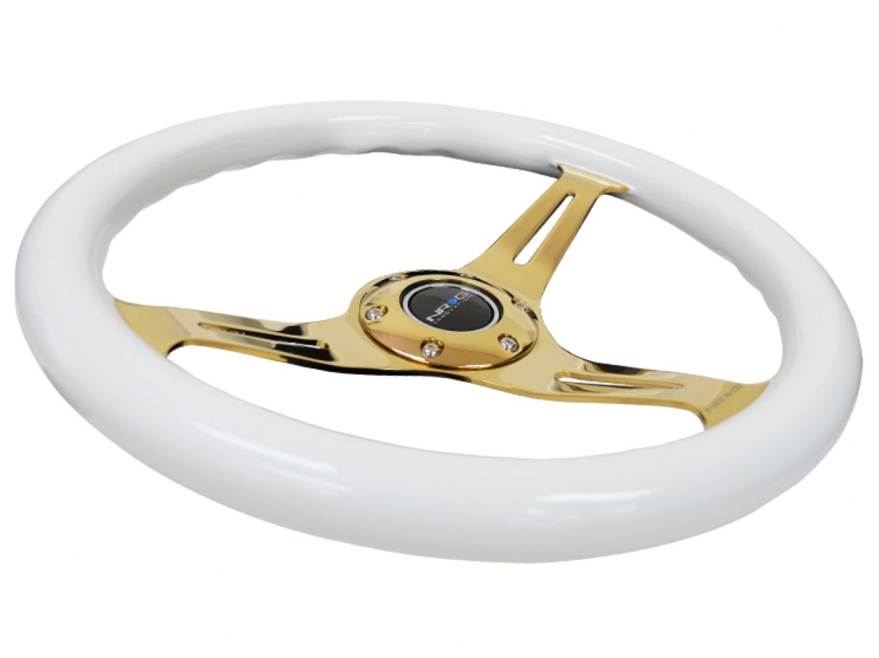 NRG Classic Wood Grain Wheel - 350mm 3 Chrome Gold Spokes - White Grip