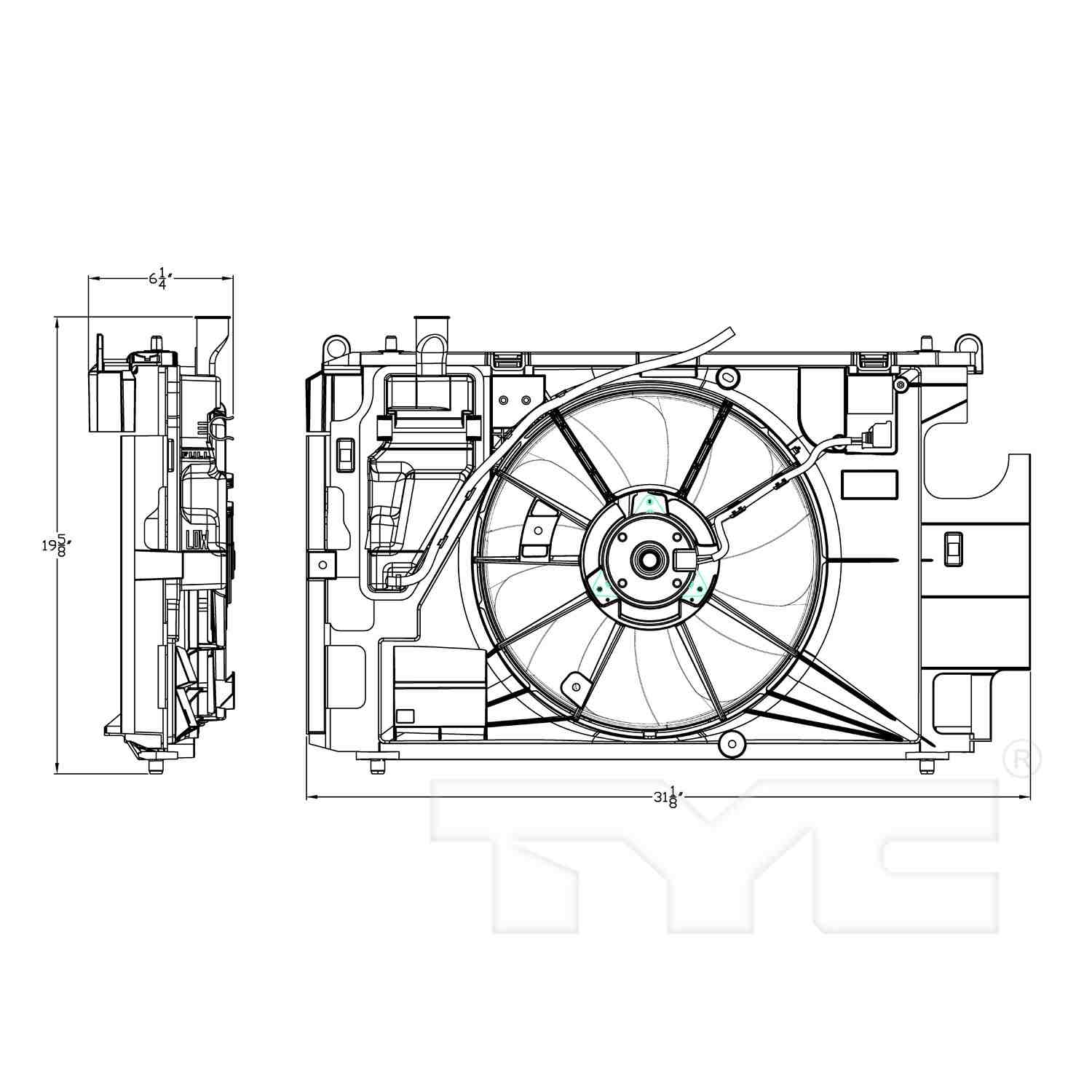 TYC Dual Radiator and Condenser Fan Assembly  top view frsport 623150