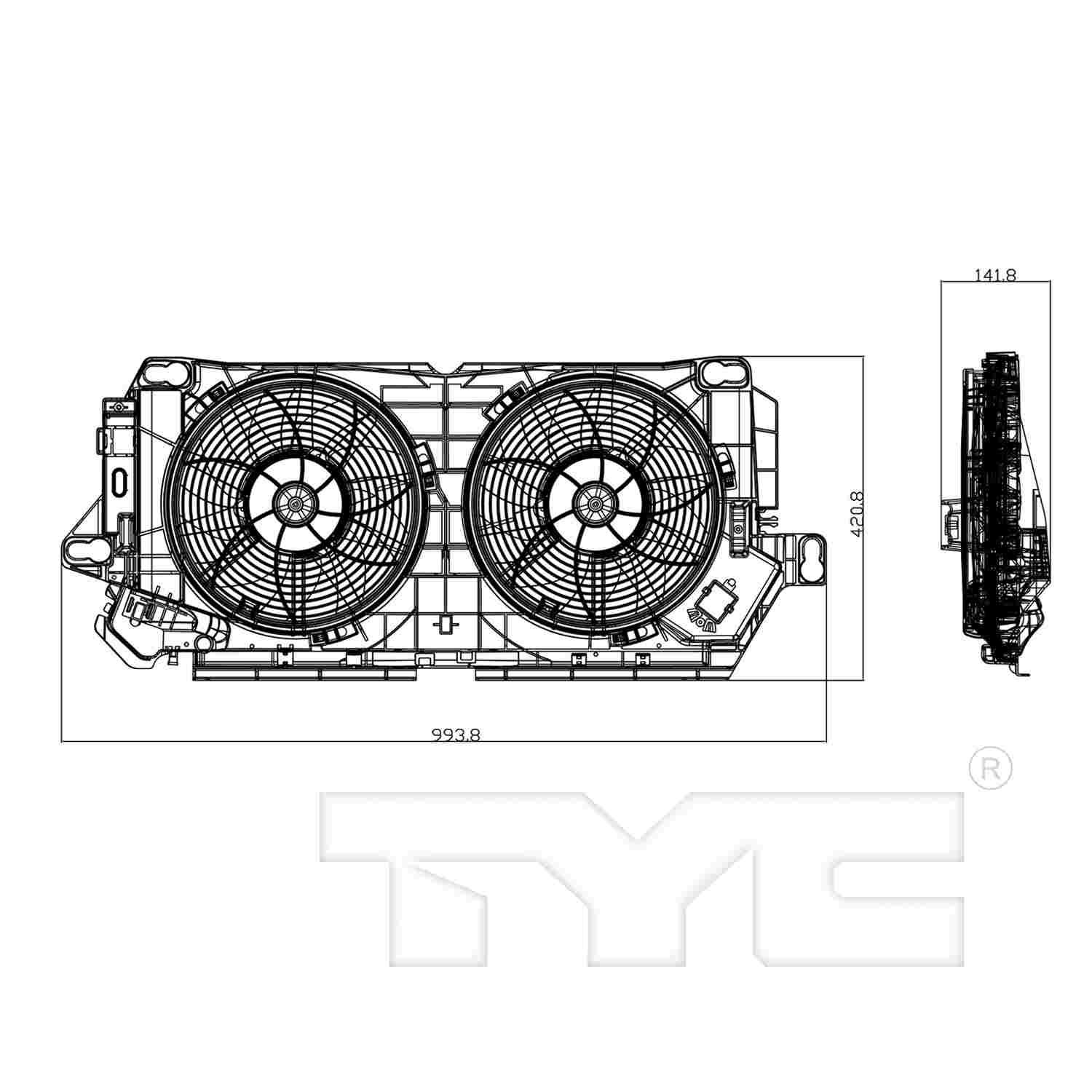 TYC Dual Radiator and Condenser Fan Assembly  top view frsport 624240