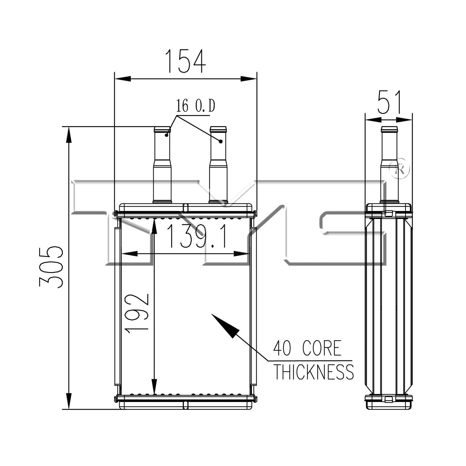 TYC HVAC Heater Core  top view frsport 96112