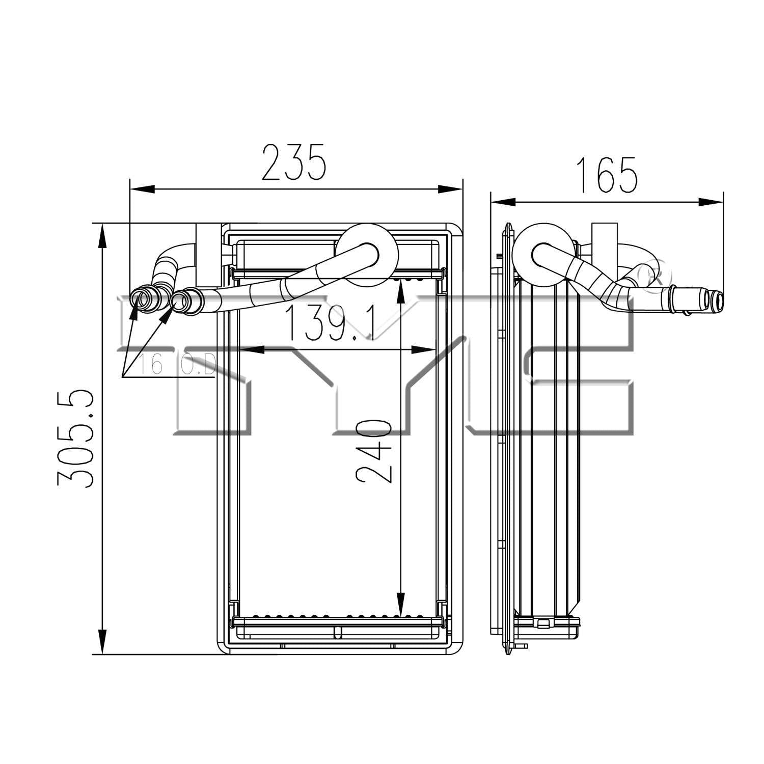 TYC HVAC Heater Core  top view frsport 96114