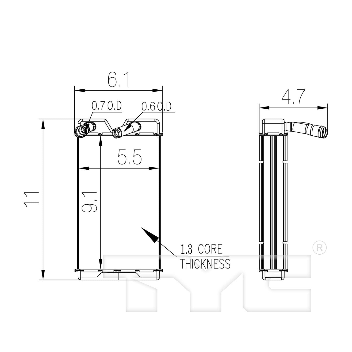 TYC HVAC Heater Core  top view frsport 96121