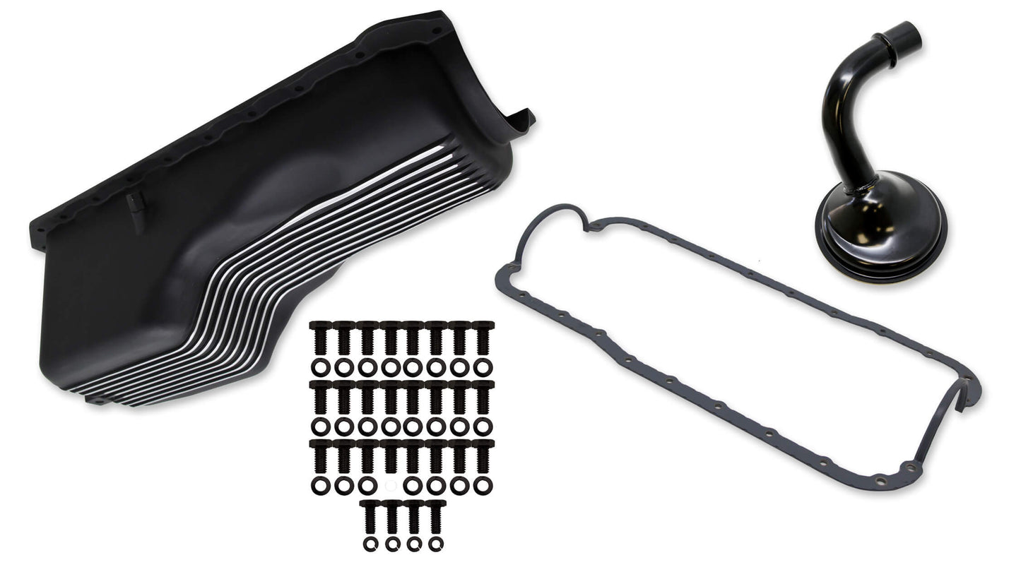 Weiand 4qt Alm Finned Oil Pan Kit BBC 65-90 Black WEI6032FWND