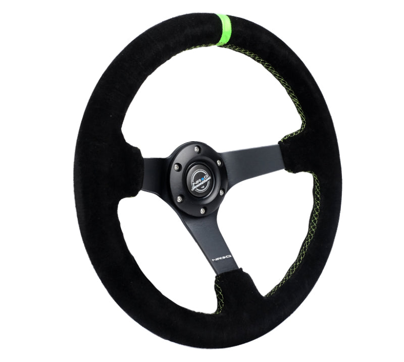 NRG Reinforced Steering Wheel 350mm/3in. Deep Blk Suede/ Neon Green Stitch w/5mm Matte Black Spoke RST-036MB-S-GN