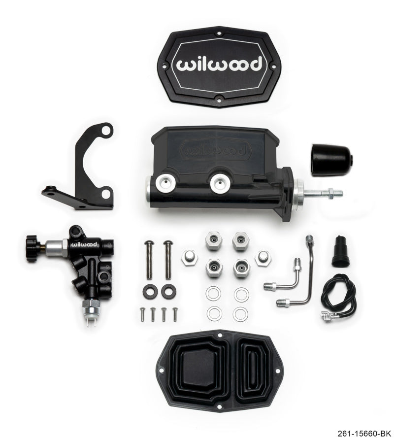 Wilwood Compact Tandem M/C - 15/16in Bore w/RH Bracket and Valve (Pushrod) - Black 261-15660-BK