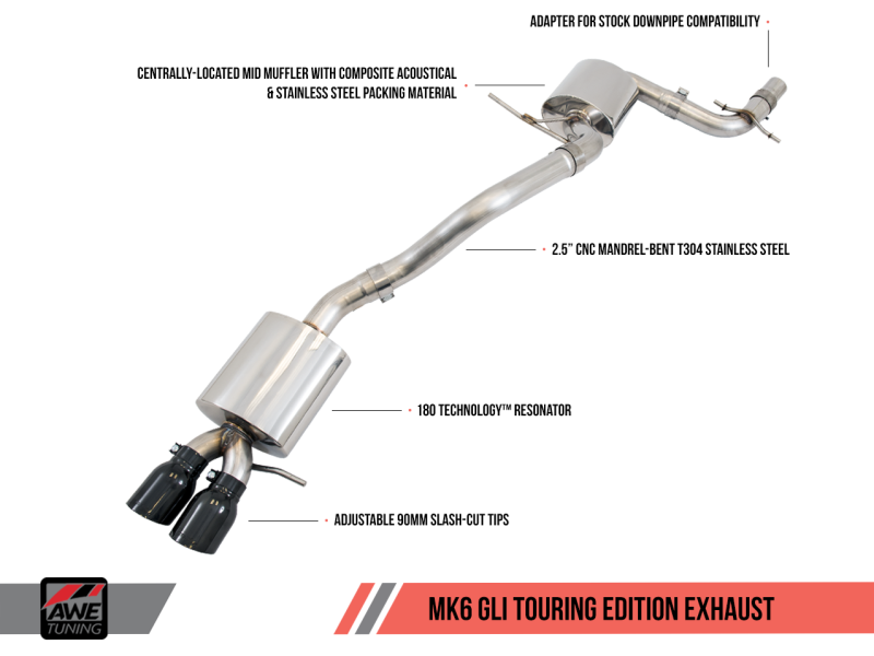 AWE Tuning Mk6 GLI 2.0T - Mk6 Jetta 1.8T Touring Edition Exhaust - Diamond Black Tips 3015-23050 Main Image