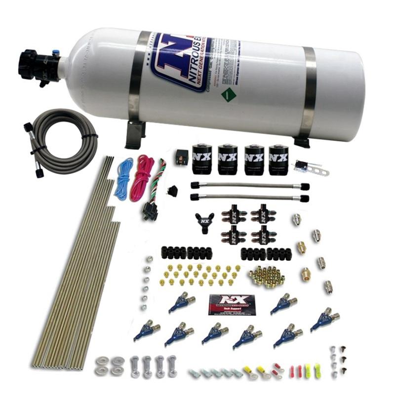 Nitrous Express 8 Cyl Piranha Direct Port 4 Solenoids Nitrous Kit (200-500HP) w/15lb Bottle 80001-15 Main Image