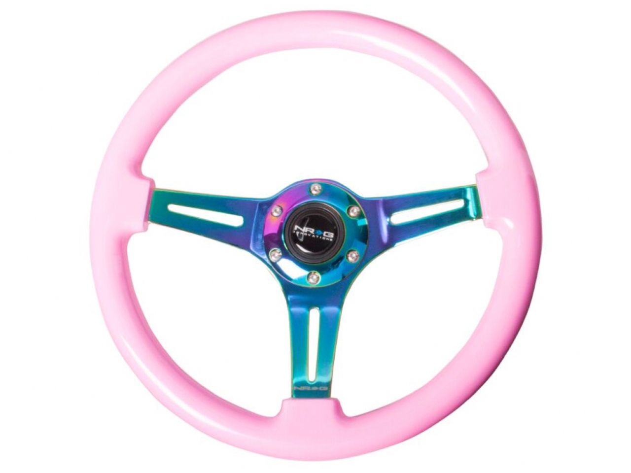 NRG Wood Wheel - 350mm - Neochrome Spokes - Pink Grip