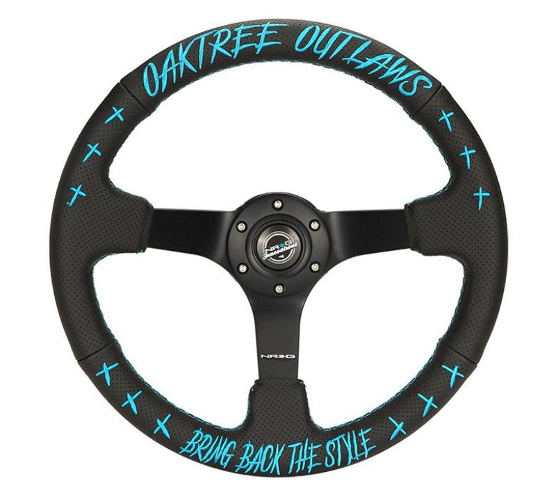 NRG Reinforced Steering Wheel - Oaktree Outlaw Collaboration Black Leather w/Teal Finish RST-036MB-TL-OTOL