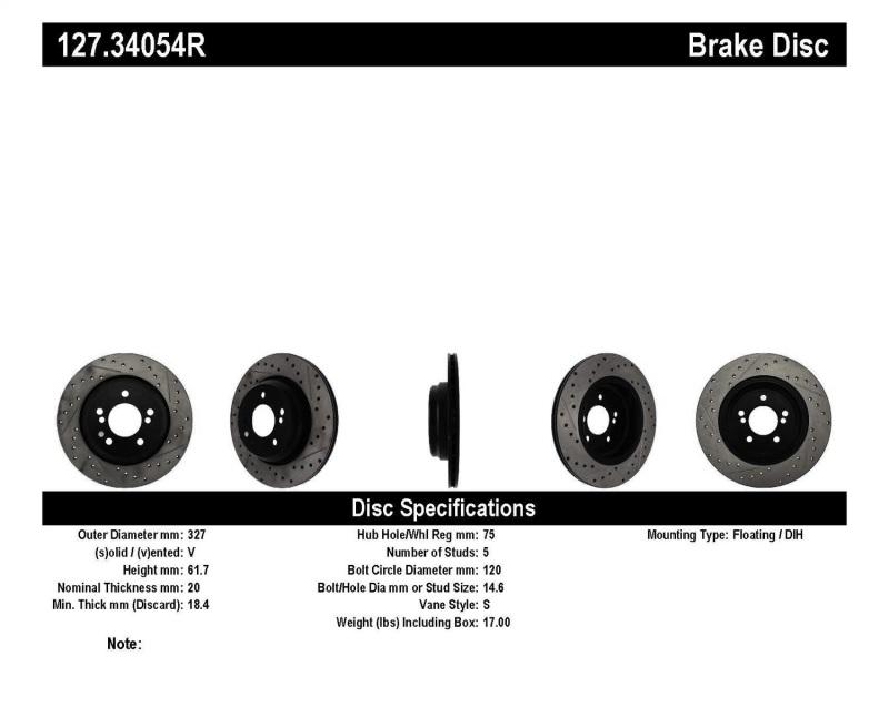 StopTech 00-03 BMW M5 (E39) Slotted & Drilled Right Rear Rotor 127.34054R Main Image