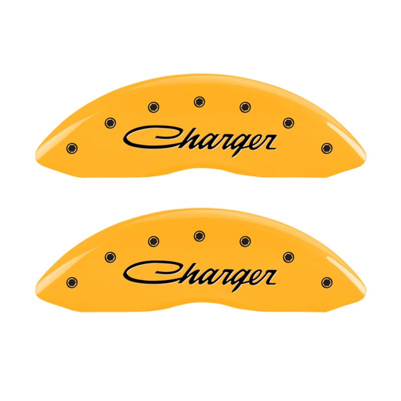 MGP 4 Caliper Covers Engraved F & R Cursive/Charger Yellow Finish Black Char 2006 Dodge Charger 12005SCHSYL Main Image