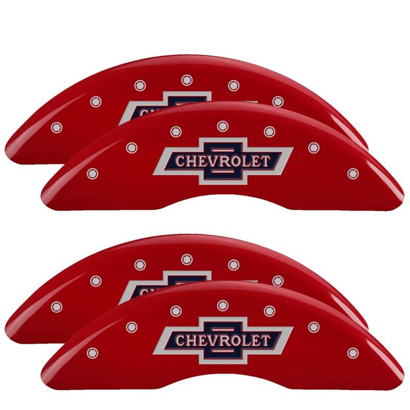 MGP 4 Caliper Covers Engraved F & R 100th Anniv Red Finish Silver Char 2019 Chevy Silverado 3500 HD 14173SBANRD Main Image