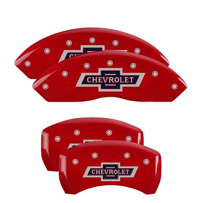 MGP 4 Caliper Covers Engraved F & R 100 Anniversary Red Finish Silver Char 2019 Chevrolet Equinox 14247SBANRD Main Image