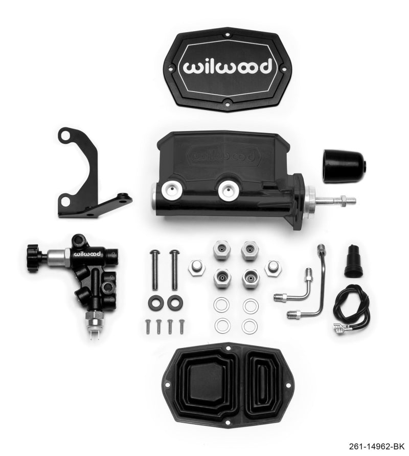 Wilwood Compact Tandem M/C - 15/16in Bore - w/Bracket and Valve (Pushrod) - Black 261-14962-BK