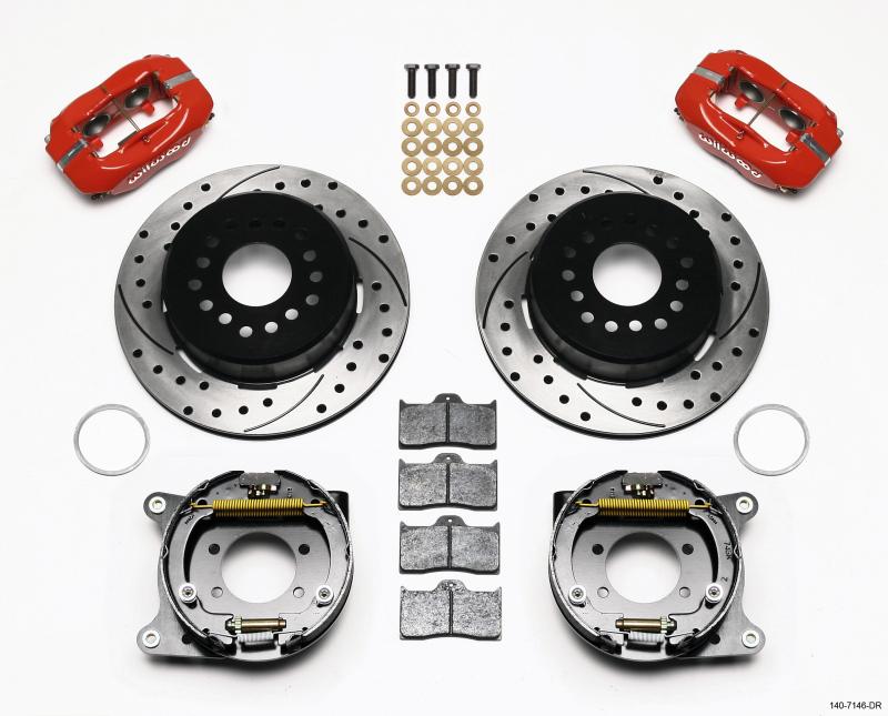 Wilwood Forged Dynalite P/S Park Brake Kit Drilled Red Ford 8.8 w/2.5in Offset-5 Lug 140-7146-DR Main Image