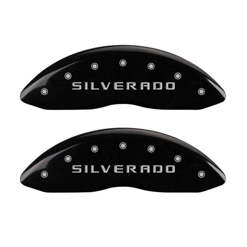 MGP Front set 2 Caliper Covers Engraved Front Silverado Black finish silver ch 14207FSILBK Main Image