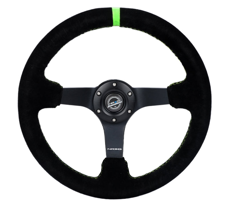 NRG Reinforced Steering Wheel 350mm/3in. Deep Blk Suede/ Neon Green Stitch w/5mm Matte Black Spoke RST-036MB-S-GN