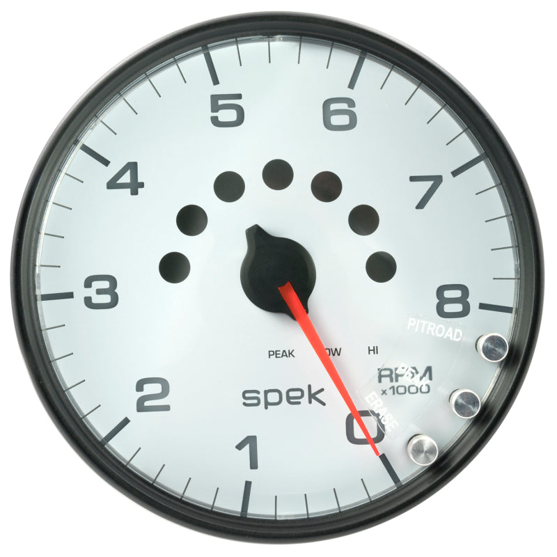 Autometer Spek-Pro Gauge Tachometer 5in 8K Rpm W/Shift Light & Peak Mem White/Black P23812