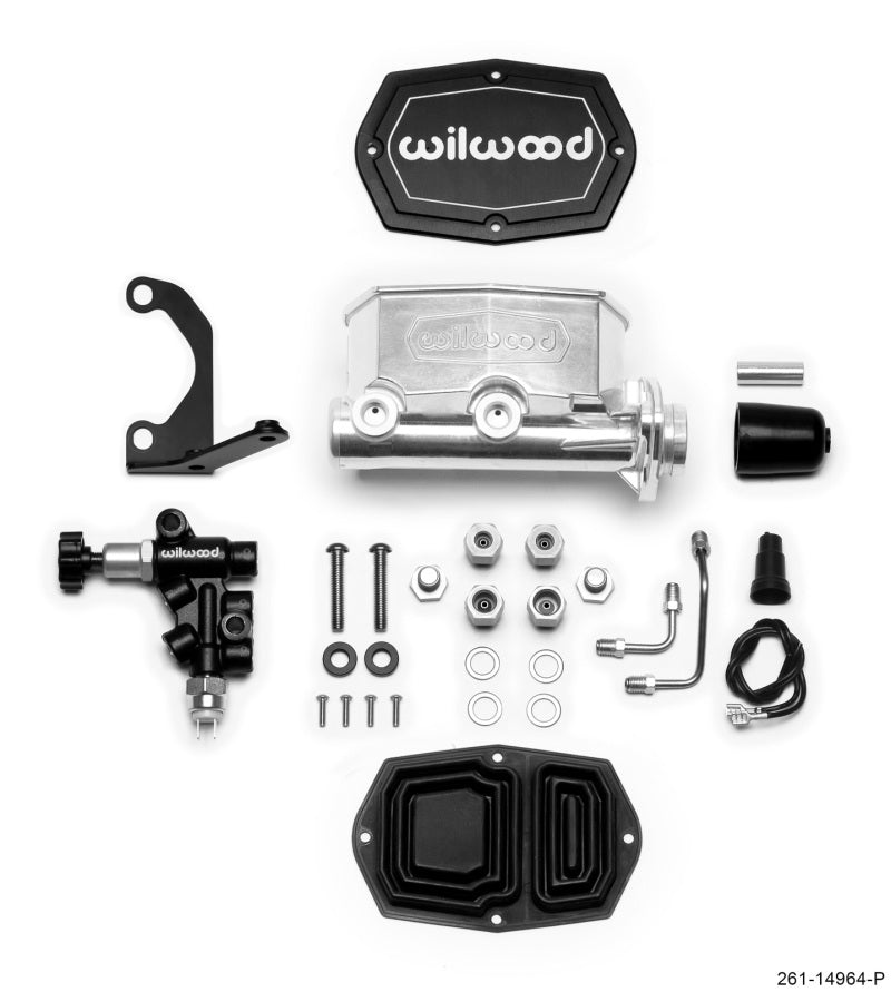 Wilwood Compact Tandem M/C - 1.12in Bore - w/Bracket and Valve - Ball Burnished 261-14964-P