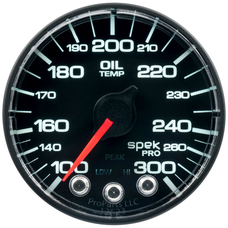 Autometer Spek-Pro Gauge Oil Temp 2 1/16in 300f Stepper Motor W/Peak & Warn Blk/Blk P322324