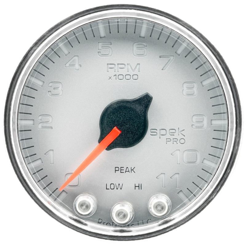 Autometer Spek-Pro Gauge Tach 2 1/16in 11K Rpm W/ Shift Light & Peak Mem Slvr/Chrm P33621