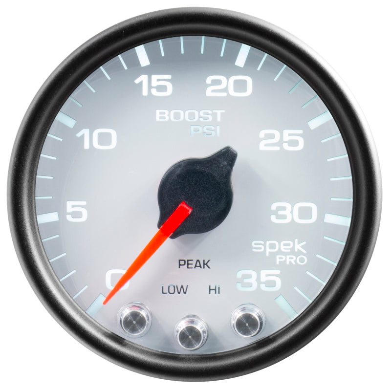 Autometer Spek-Pro Gauge Boost 2 1/16in 35psi Stepper Motor W/Peak & Warn White/Black P30312