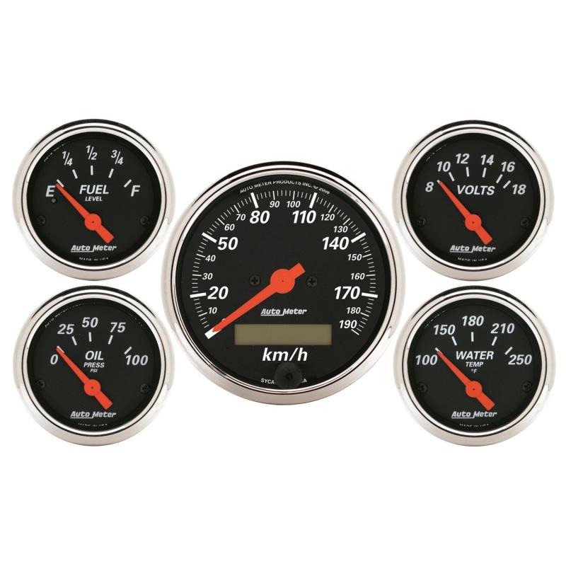 Autometer Designer Black 5 Pc Kit w/ Elec KMH Speedo, Oil Press, Water Temp, Volt, Fuel Level 1421-M Main Image