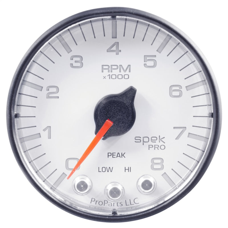 Autometer Spek-Pro Gauge Tach 2 1/16in 8K Rpm W/ Shift Light & Peak Mem Wht/Blk P334128