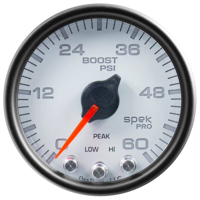 Autometer Spek-Pro Gauge Boost 2 1/16in 60psi Stepper Motor W/Peak & Warn Wht/Blk P30412