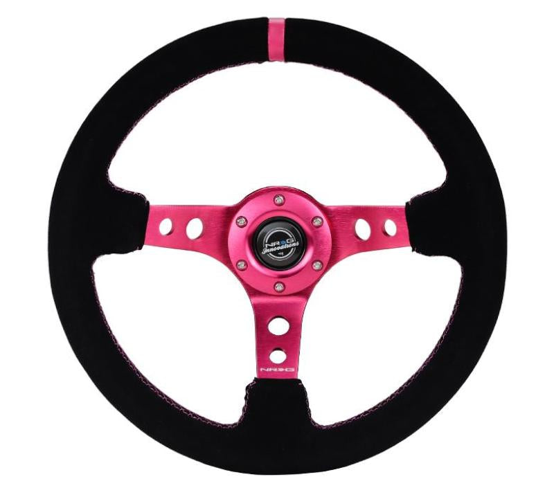 NRG Reinforced Steering Wheel (350mm/ 3in. Deep) Black Suede/ Fushia Center Mark/ Fushia Stitching RST-006S-FHA