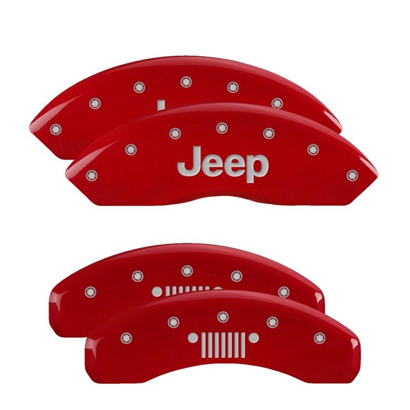 MGP 4 Caliper Covers Engraved Front Jeep Rear Grill Logo Red Finish Silver Char 2018 Jeep Wrangler 42018SJPLRD Main Image