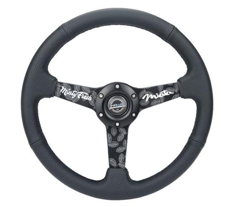 NRG Sport Steering Wheel (350mm/ 1.5in. Deep) Black Etched Spokes/ Black Leather w/ Black Stitch RST-037MB-MF