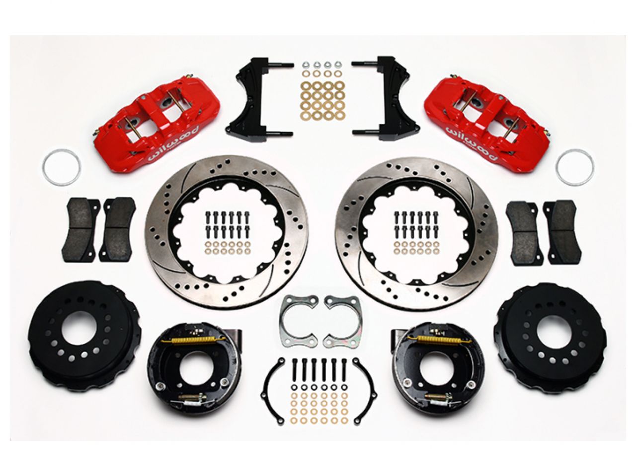 Wilwood AERO4 Rear P-Brake Kit, 14.00", Drilled, Red, Chevy 12 Bolt w/ C-Clips