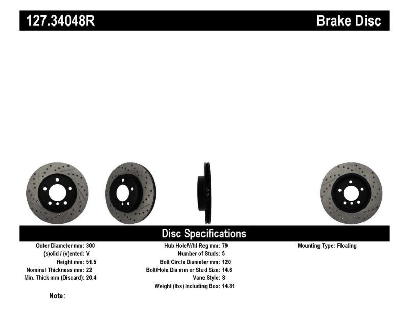 StopTech Power Slot 01-02 BMW Z3 / 03-09 Z4 / 3 Series Front Right Drilled & Slotted Rotor 127.34048R Main Image