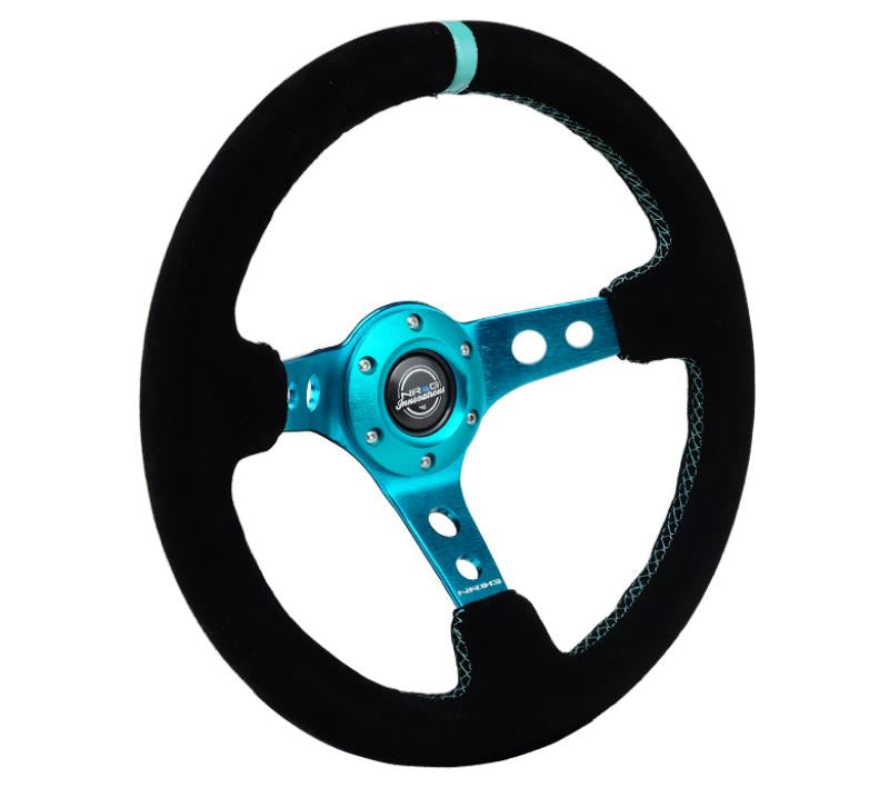 NRG Reinforced Steering Wheel (350mm/ 3in. Deep) Black Suede/ Teal Center Mark/ Teal Stitching RST-006S-TL Main Image