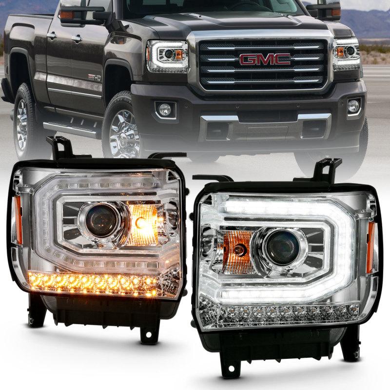 ANZO 2016-2019 Gmc Sierra 1500 Projector Headlight Plank Style Chrome w/ Sequential Amber Signal 111486 Main Image