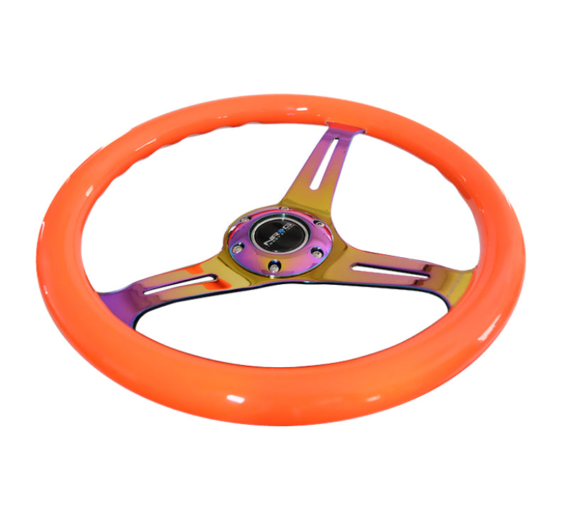 NRG Classic Wood Grain Steering Wheel (350mm) Neon Orange Color w/Neochrome Spokes ST-015MC-NOR