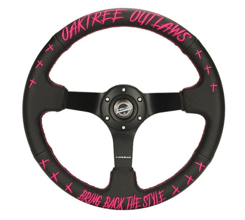 NRG Reinforced Steering Wheel - Oaktree Outlaw Collaboration Black Leather w/Neon Pink Finish RST-036MB-PK-OTOL