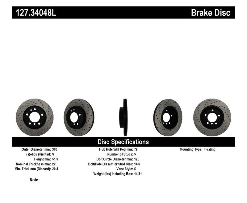 StopTech Power Slot 01-02 BMW Z3 / 03-09 Z4 / 3 Series Front Left Drilled & Slotted Rotor 127.34048L Main Image