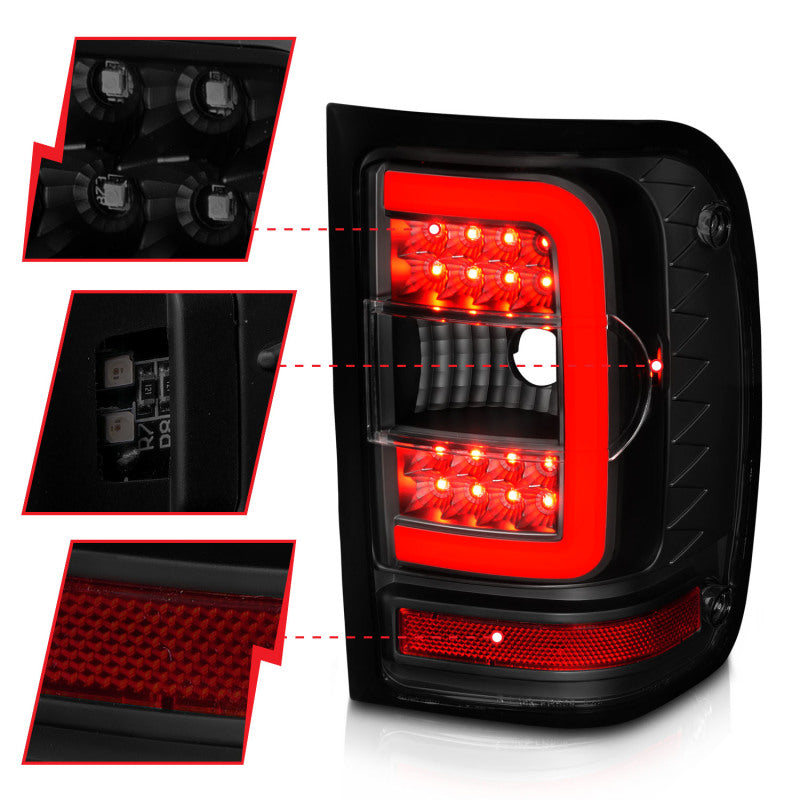 ANZO 01-11 Ford Ranger LED Taillights - Black Housing w/ Smoke Lens & Light Bar 311391