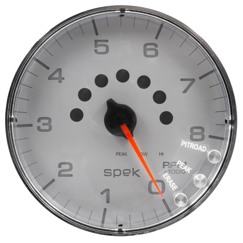 Autometer Spek-Pro Gauge Tachometer 5in 8K Rpm W/Shift Light & Peak Mem Silver/Chrome P238218