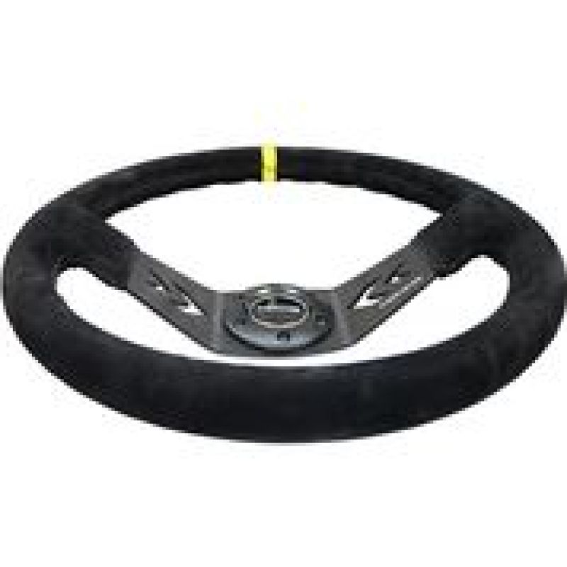 NRG Reinforced Steering Wheel (350mm / 3in. Deep) Blk Suede w/NRG Arrow Cut 2-Spoke & Yellow Mark RST-022S-Y