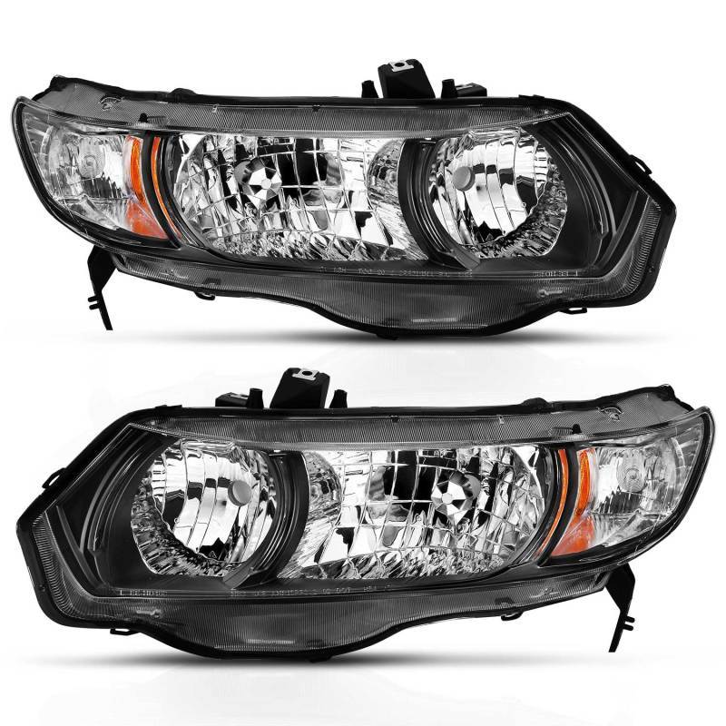 ANZO 2006-2009 Honda Civic 2 Door Crystal Headlight Black Amber (OE Replacement) 121546 Main Image