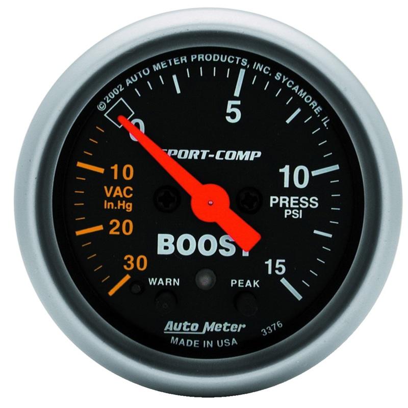 Autometer Sport-Comp 52mm Electronic  Full Sweep 30 In Hg.-Vac./15 PSI Boost Gauge 3376 Main Image