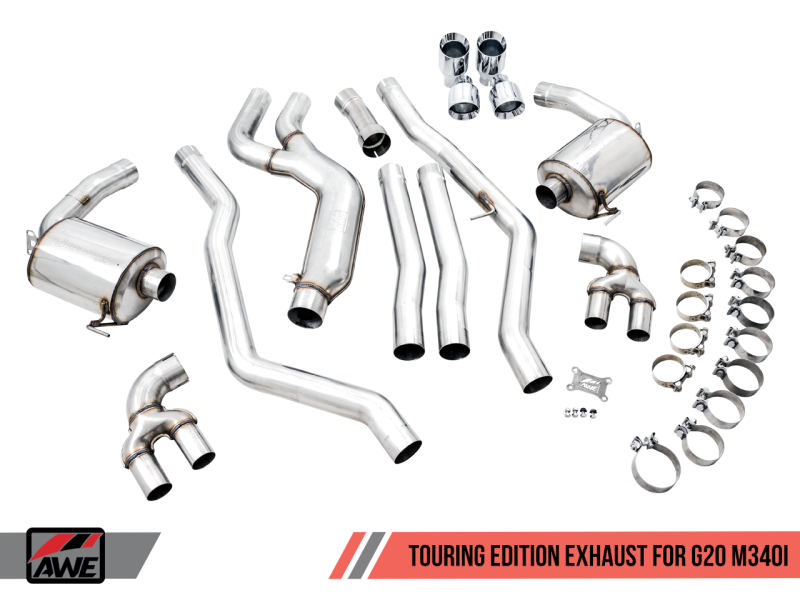 AWE Tuning 2019+ BMW M340i (G20) Non-Resonated Touring Edition Exhaust - Quad Chrome Silver Tips 3015-42148